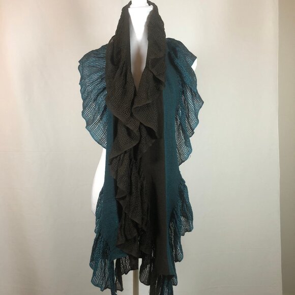 Teal & Black Ruffled Knit Artistic Scarf — Statement Layering Piece - Picture 5 of 13